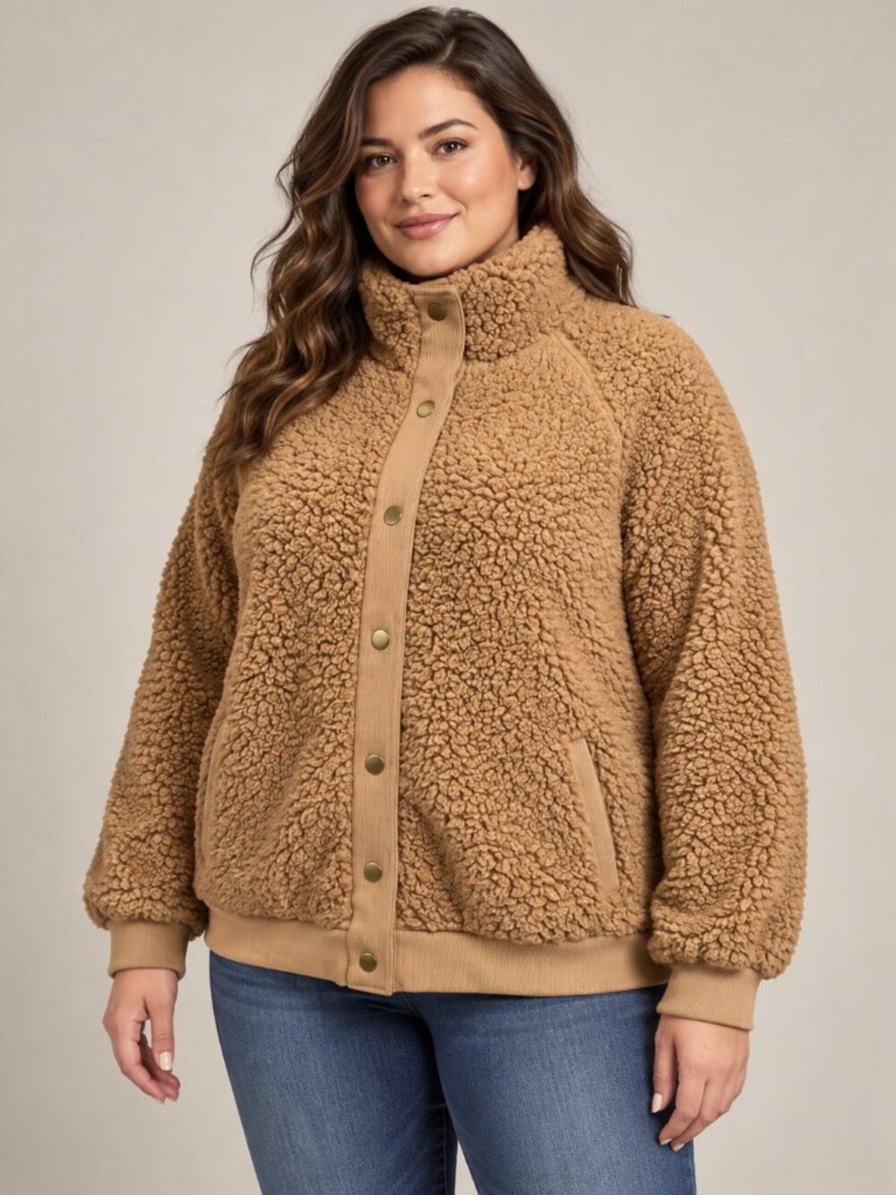 TECREW XL Camel Brown Sherpa Teddy Fleece Snap Front Cozy Winter Jacket